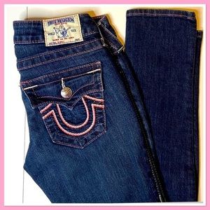 True Religion Sz 26 Womens Big T Pink Stitch Skinny Jeans Pristine
